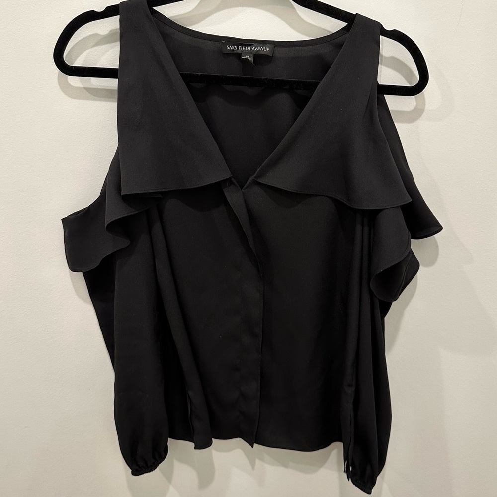 Saks Fifth Avenue Cold Shoulder Black Ruffle Blouse